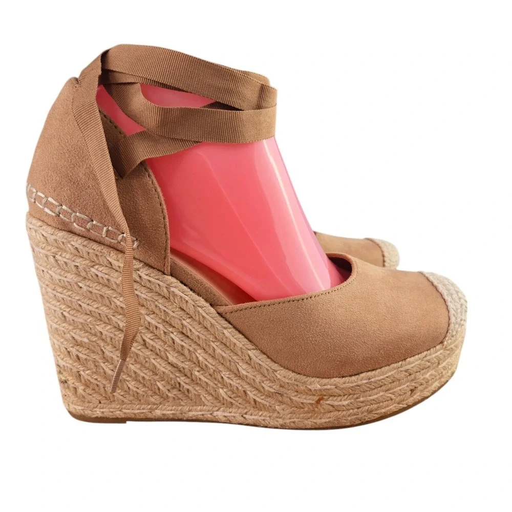 Soda Womens 9 Tan Faux Suede Ribbon Tie Espadrille Wedge Sandals